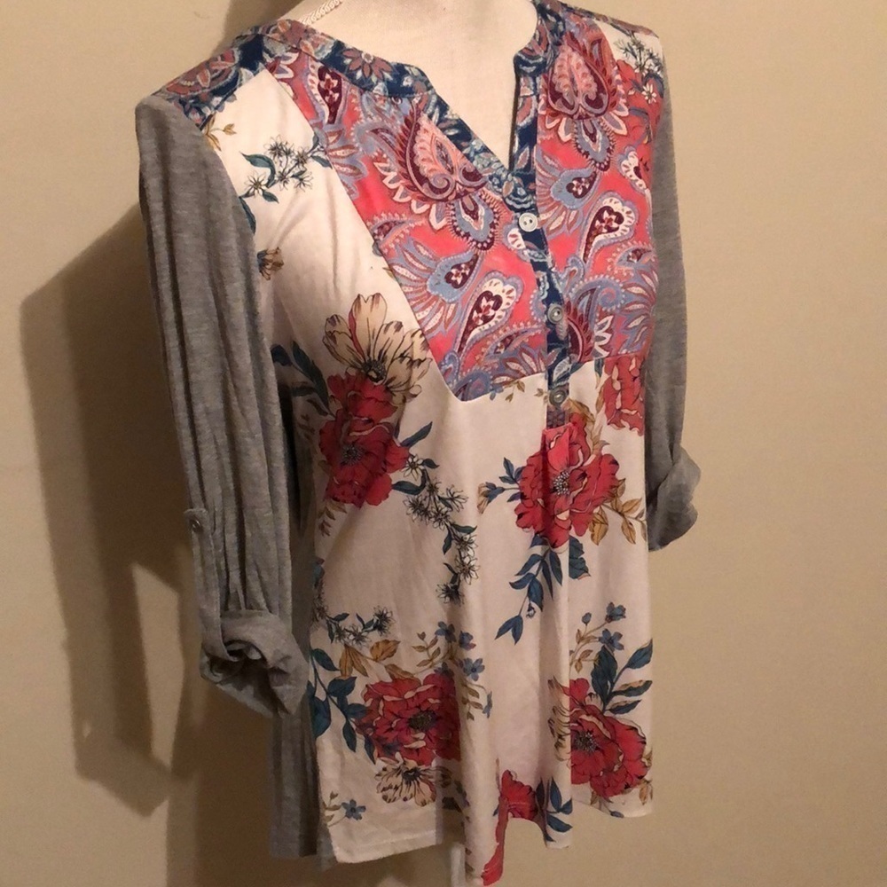 One World multi colored/patterned tunic with yoke, med - Picture 3 of 12